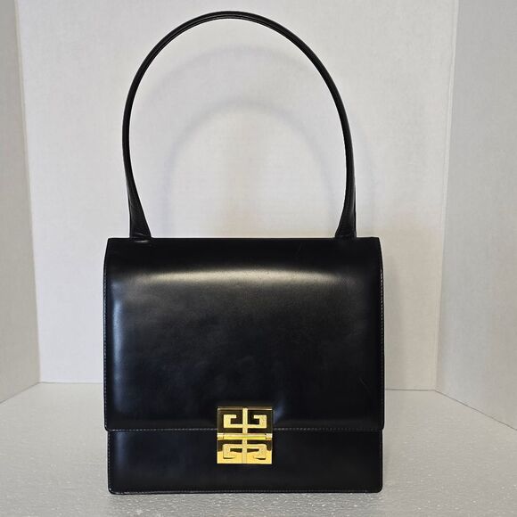 Givenchy Black Calfskin Leather 4G Gold Logo Magnetic Snap Closure Top Handbag - Picture 1 of 12